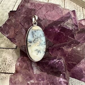 Dendritic Opal Sterling Silver Plated Oval Pendant White Black Cream